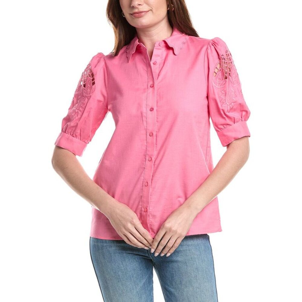 T Tahari Womens Embroidered Sleeve Linen-Blend Blouse, Pink